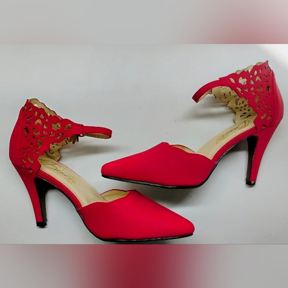 Beacon Shoes - Beacon Crimson Pointed-Toe Cutout Ankle-Strap Heels